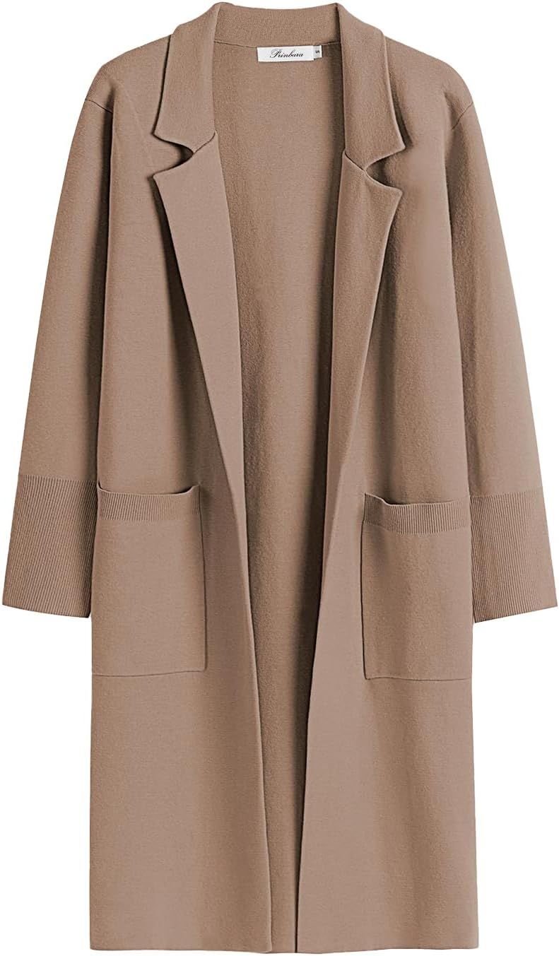 Prinbara Women's 2023 Fall Cardigan Sweater Long Sleeve Open Front Lapel Coat Casual Knit Coatiga... | Amazon (US)
