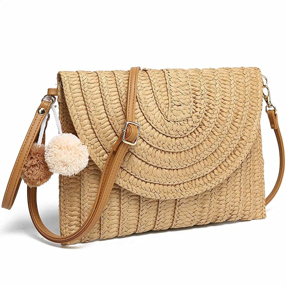 YIKOEE Straw Purse for Women Summer Beach Woven Bag With PomPom | Amazon (US)