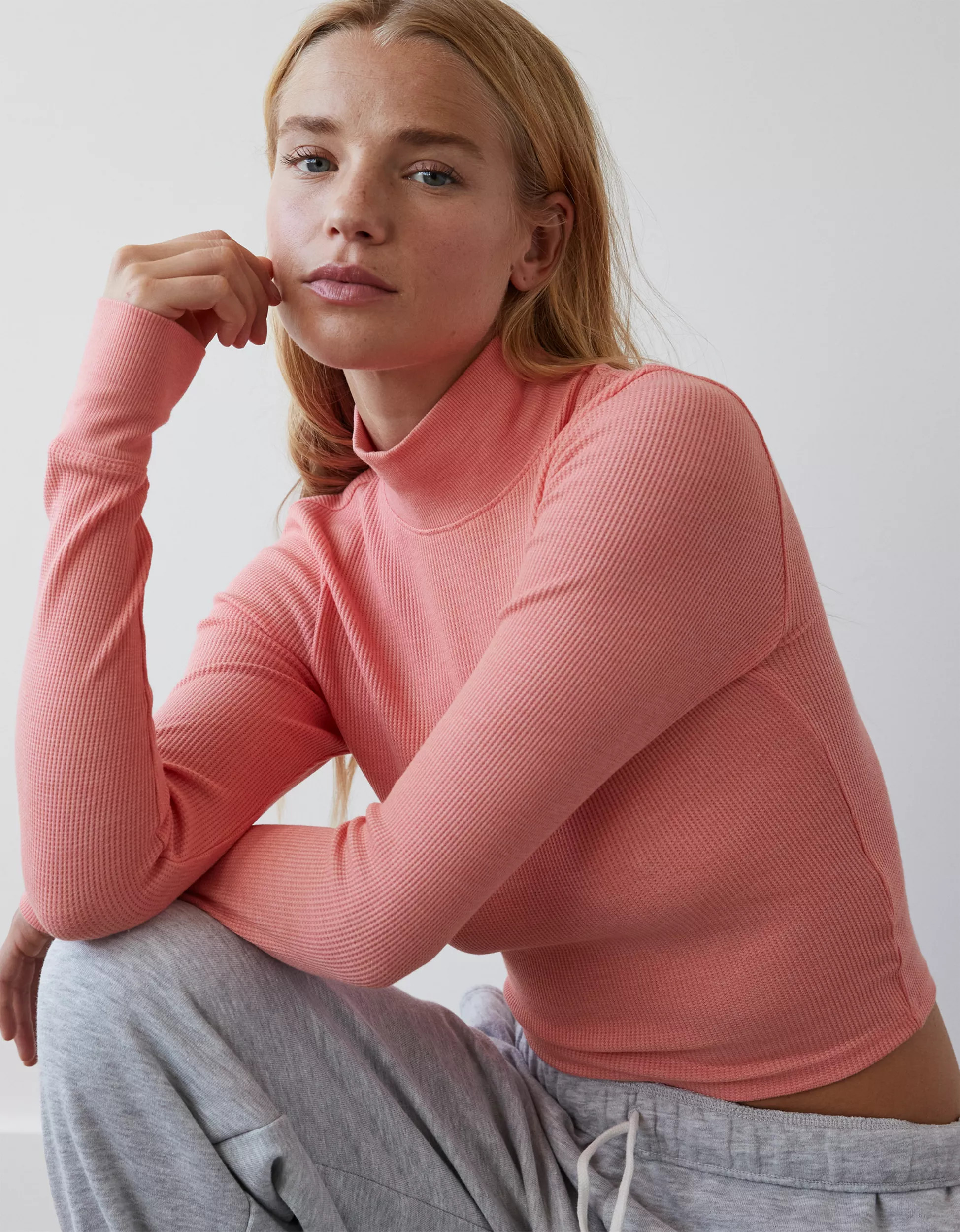 AE Long-Sleeve Cropped Hey Baby Mock Neck Tee | American Eagle Outfitters (US & CA)