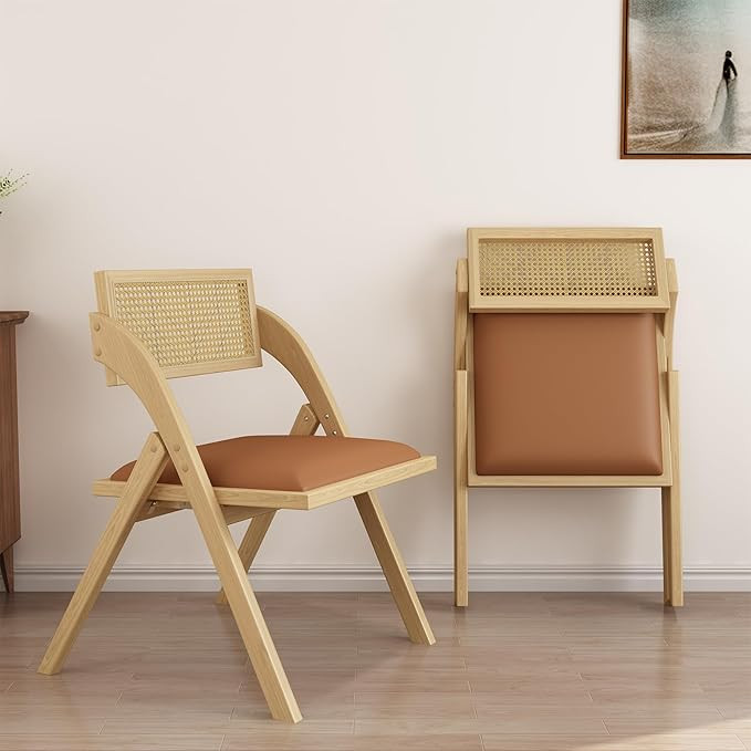Folding Dining Chairs Set of 2, Wooden Foldable Dining Chairs, Modern Mid Century Leather Rattan ... | Amazon (US)
