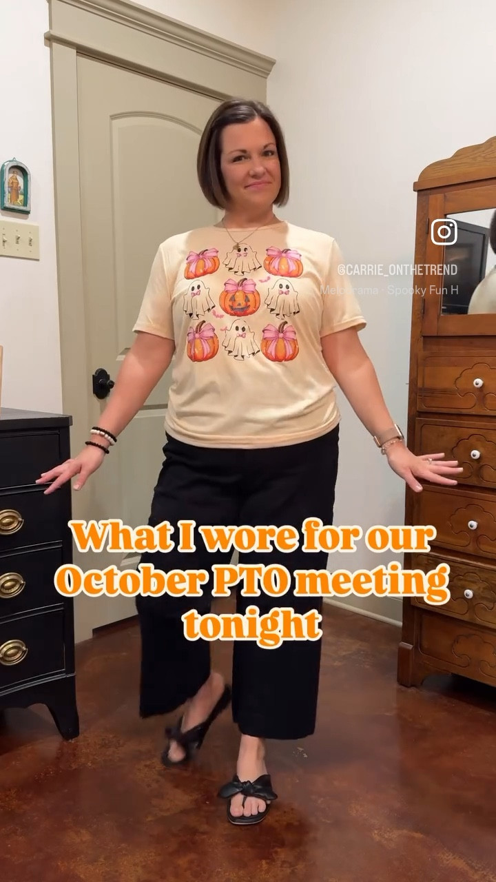 SHEIN with the cutest graphic tee for our october PTO meeting. Paired with old navy wide leg pants 

#LTKSeasonal #LTKMidsize #LTKHalloween