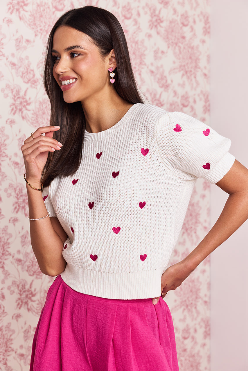 Katherine Heart Embroidery Short Sleeve Sweater Top | Francesca's
