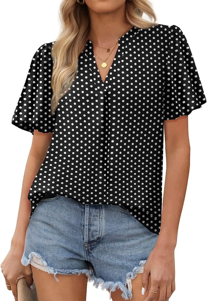 WIHOLL Blouses for Women Dressy Casual Short Sleeve V Neck Tops Chiffon Blouses | Amazon (US)