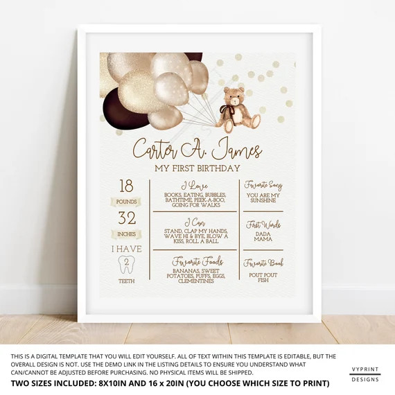 Editable Brown and Gold Teddy Bear Birthday Milestone Poster | Etsy | Etsy (US)