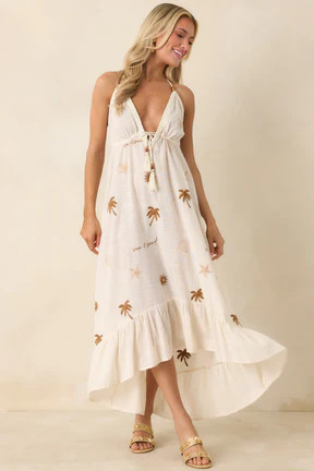 Sunwashed Sands Light Beige Cotton Coastal Embroidered Midi Dress | Red Dress