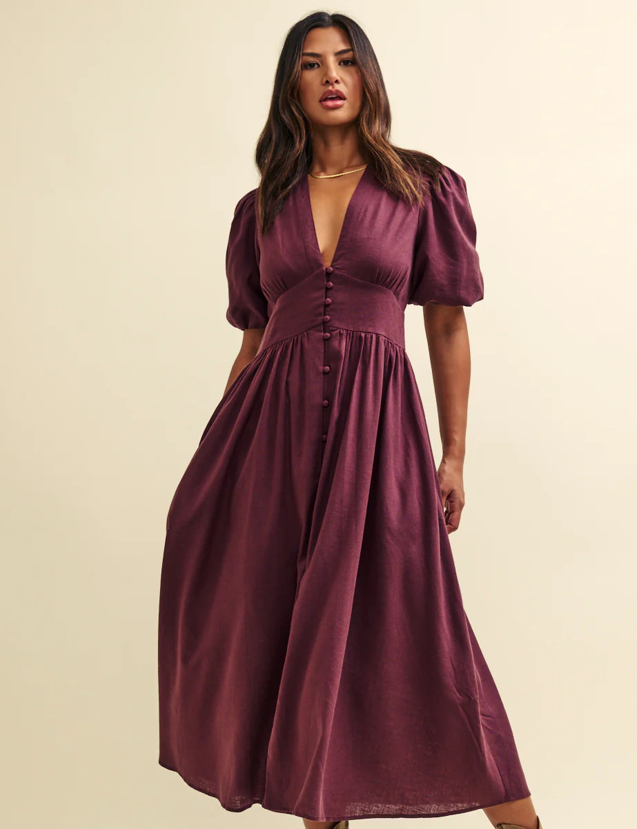 Plum Linen-blend Starlight Midi Dress
  

  
    
      £72.25
      £85.00 | Nobody's Child