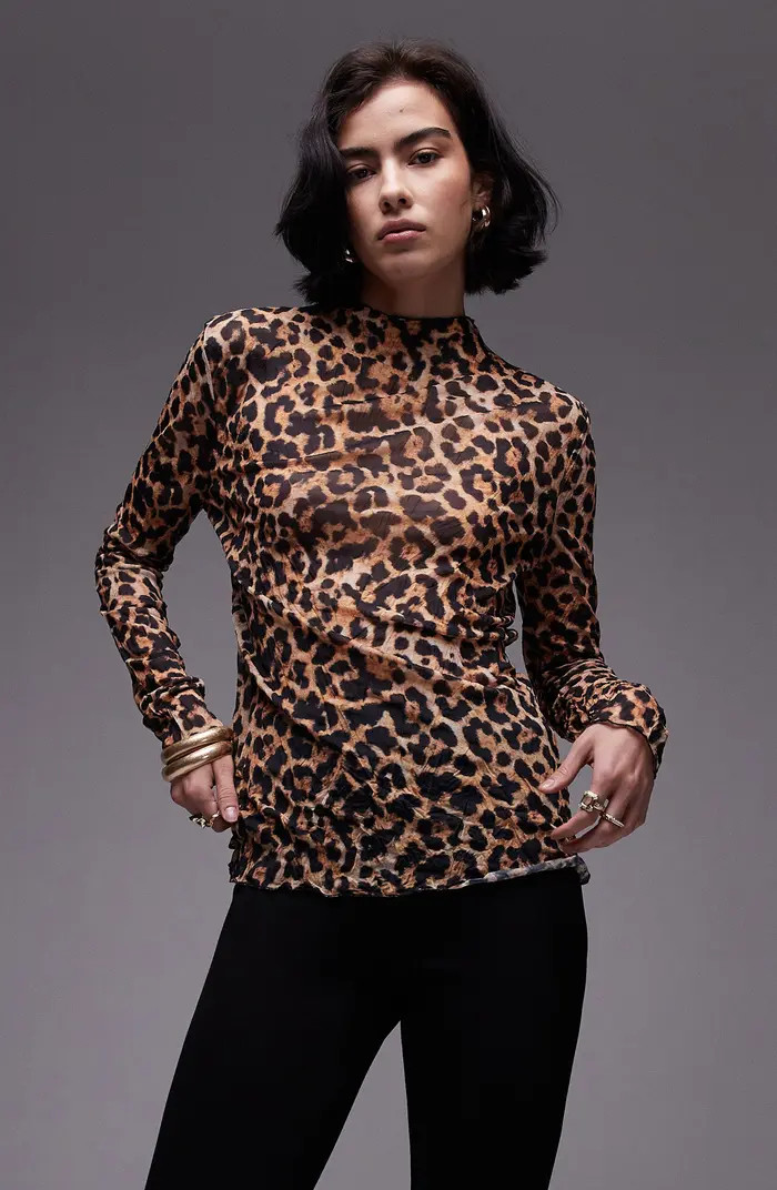 Topshop Leopard Print Crinkle Long Sleeve Top | Nordstrom | Nordstrom