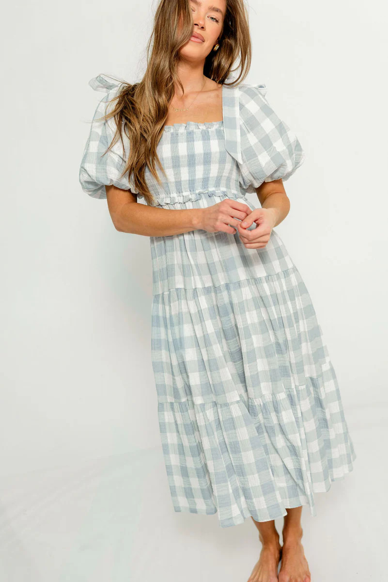 Elena 100% Cotton Gingham Midi Dress in Dusty Blue - Bump Friendly & I | Worth Collective