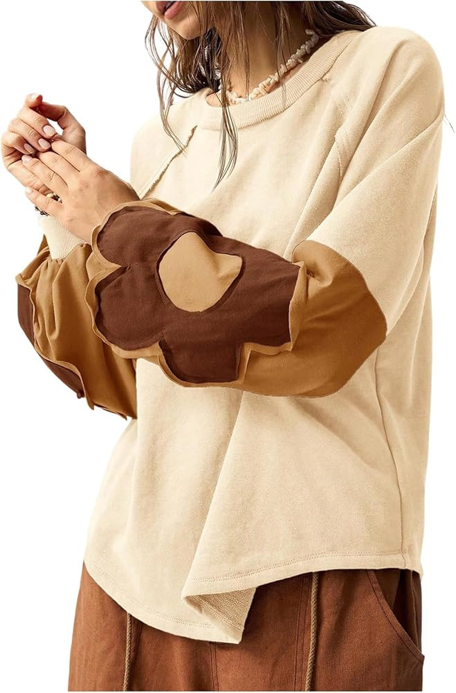 Women's Oversized Sweatshirt Boho Tops Patchwork Crewneck Sweatshirt Floral Long Sleeve Pullover ... | Amazon (US)