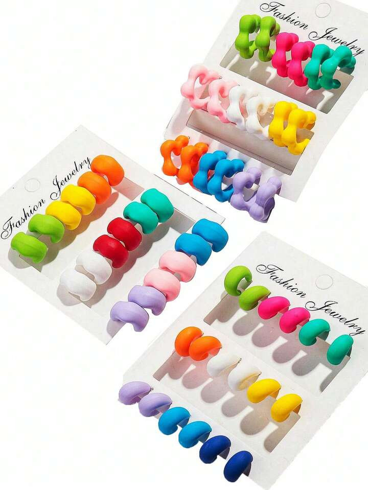 9pairs/Set Fashion Matte Colorful Acrylic Asymmetrical C-Shaped Hoop Earrings Set For Daily Wear | SHEIN