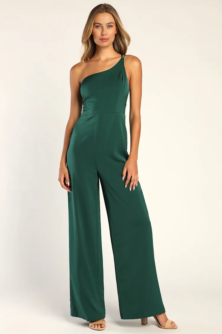 Flirty Femme Emerald Green Satin One-Shoulder Wide-Leg Jumpsuit | Lulus (US)