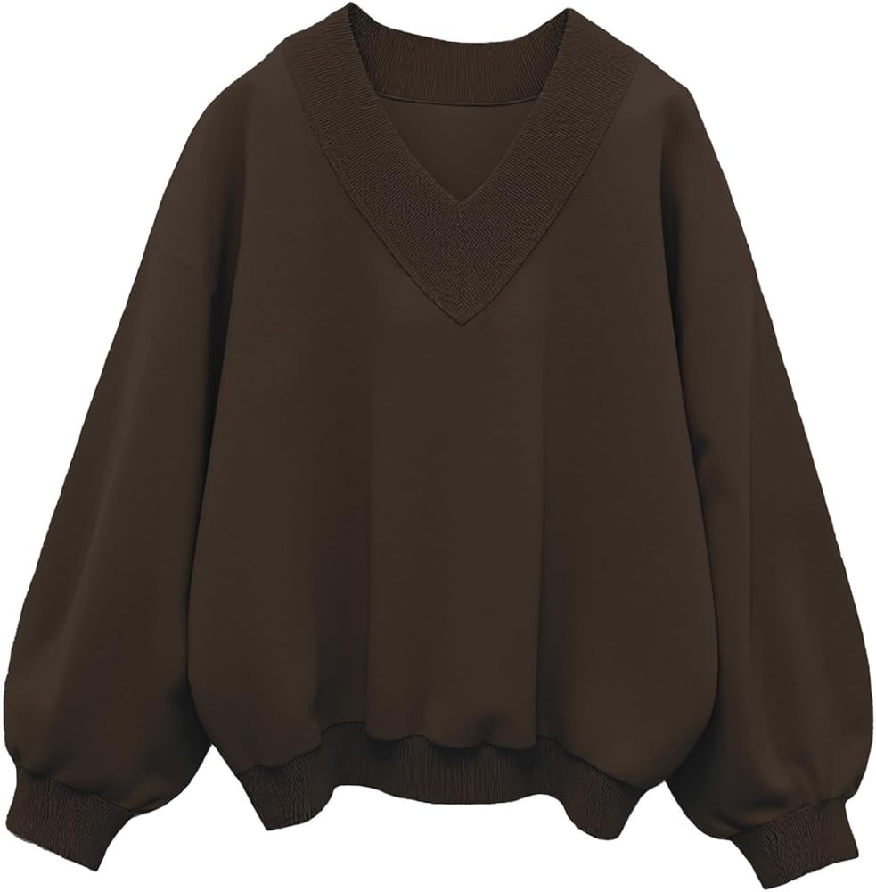 Hilinker Womens V Neck Oversized Sweatshirts Casual Drop Shoulder Long Sleeve Pullover Tops | Amazon (US)