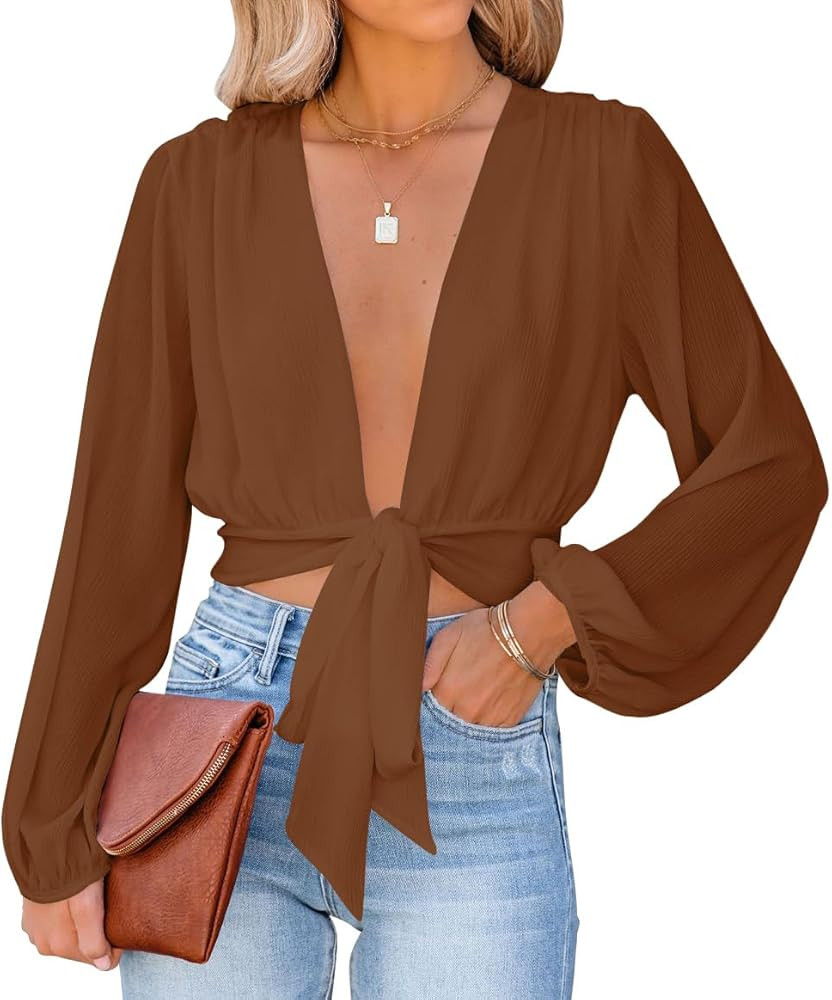 LYANER Women's Deep V Neck Long Sleeve Tie Front Knot Sexy Wrap Crop Top Blouse | Amazon (US)
