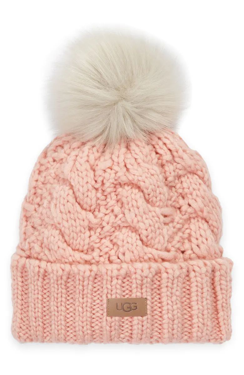 Cable Knit Beanie with Faux Fur Pom | Nordstrom