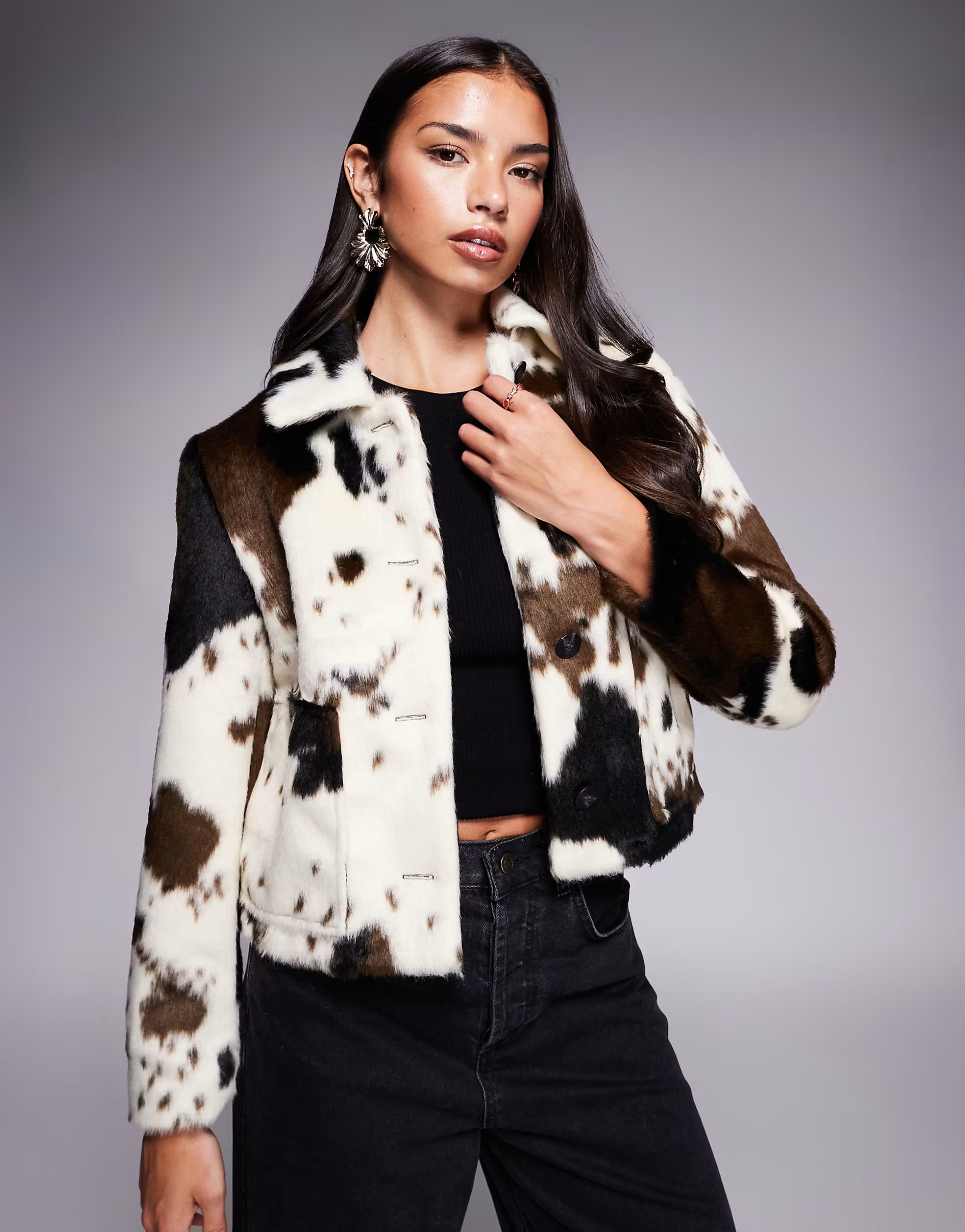 River Island cow print faux pony hair jacket in white | ASOS (Global)