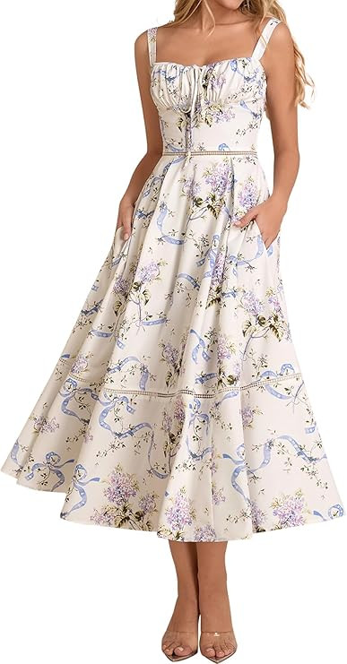 KUTUMAI Floral Corset Midi Dress Lace Up Cutout Flowy Summer Wedding Guest Dresses for Women Sund... | Amazon (US)