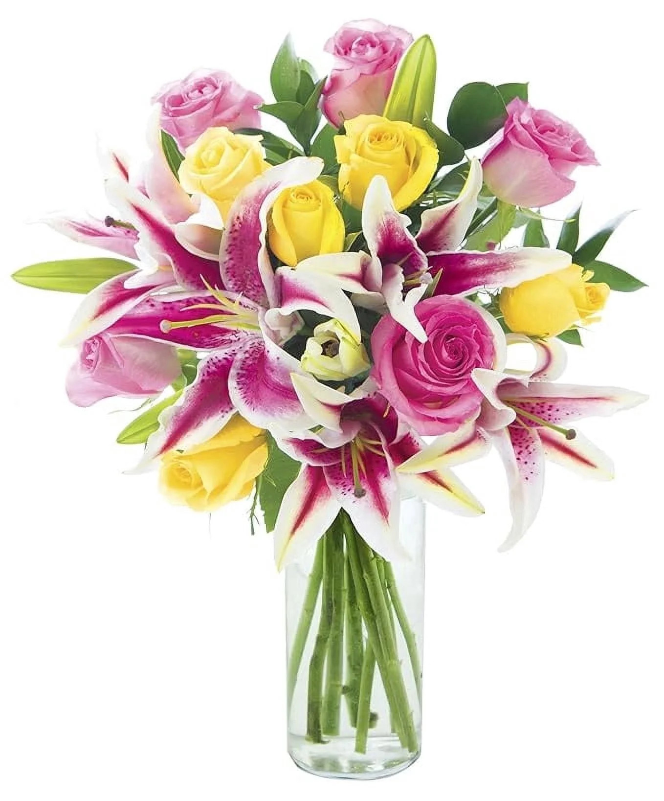 Kabloom Fresh Lily Pop Bouquet with 5 Pink Roses, 5 Yellow Roses, 5 Stargazer Lilies, Greenery, a... | Walmart (US)