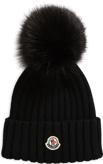 Moncler Virgin Wool Rib Beanie with Faux Fur Pompom | Nordstrom | Nordstrom