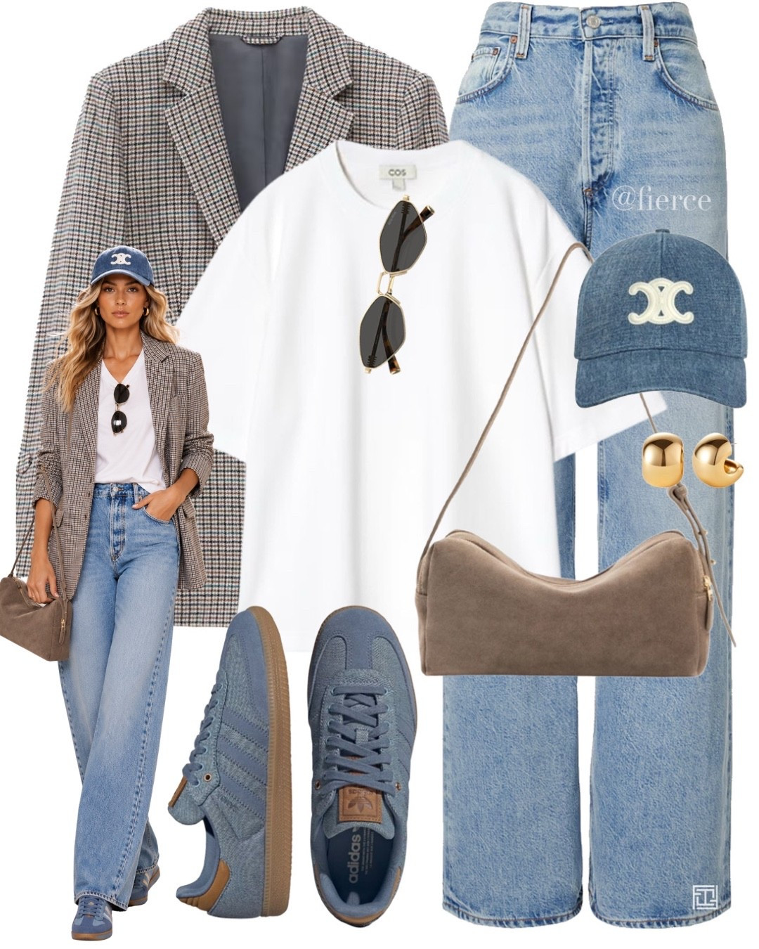 Check blazer white tshirt denim adidas samba denim hat taupe suede bag

#LTKuk #LTKautumn #LTKeurope