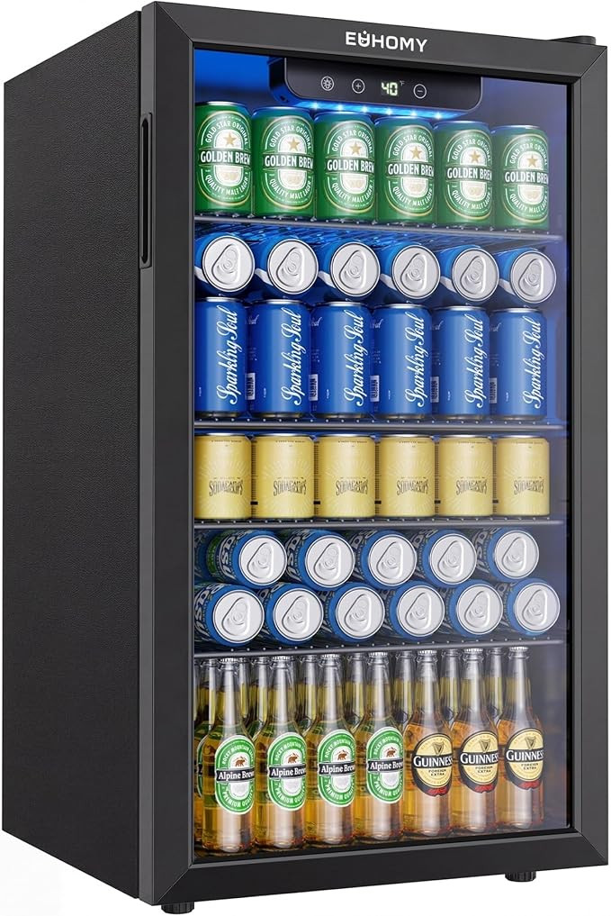 EUHOMY 130 Can Mini Fridge, Beverage Refrigerator with Glass Door, Black | Amazon (US)