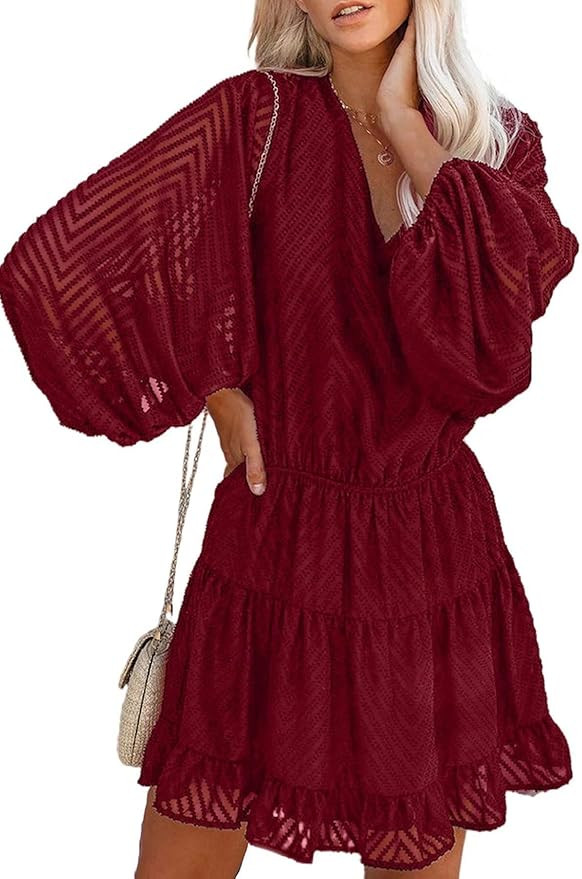 Dokotoo Womens Summer Spring V Neck Ruffle Chiffon Elegant Empire Waist Mini Short Swing Skater D... | Amazon (US)