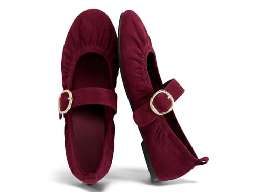 Coutgo Womens Ballet Flats Ruched Round Toe Mary Jane Flats Comfortable Slip On Dressy Shoes, Burgundy Suede, Size 9.5 | Amazon (US)