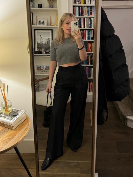 Wide leg trousers, wool blend trousers, grey knitted t shirt, cos, Arket, Toteme, black boots, black and grey outfit 

#LTKeurope #LTKSeasonal #LTKstyletip