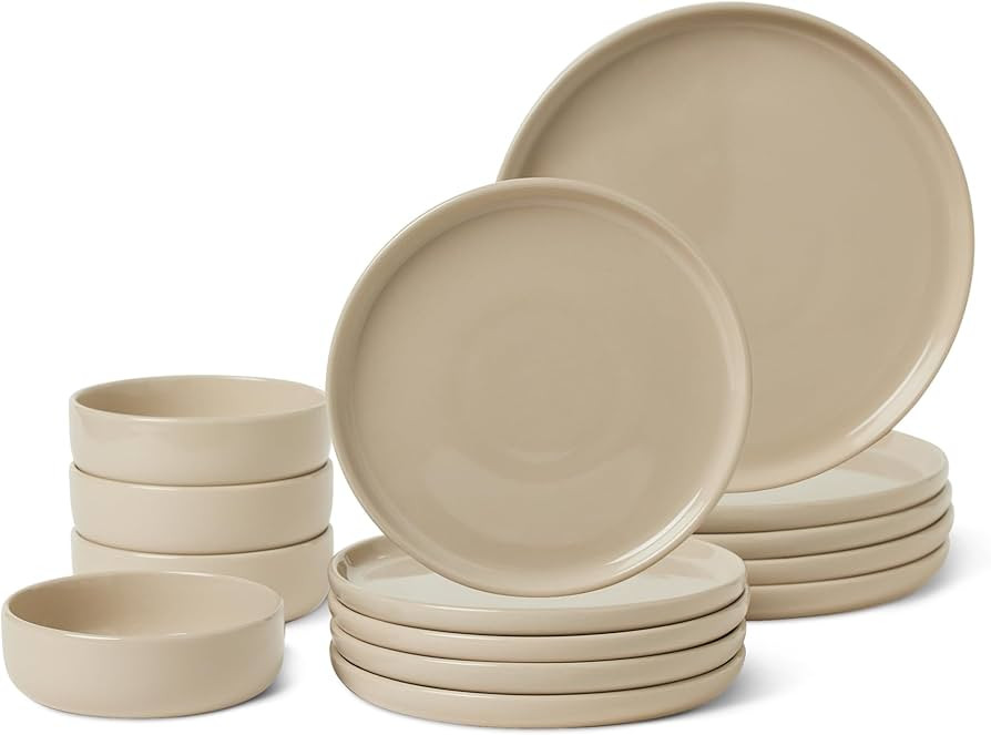 Amazon Basics Glazed Stoneware Dinnerware, Ceramic 12-Piece Set, 4 Full Place Settings, Dishwashe... | Amazon (US)