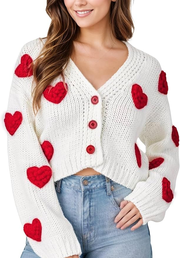Women Valentines Day Cropped Cardigan Sweaters Love Heart Printed Open Front Button Down Knit Swe... | Amazon (US)
