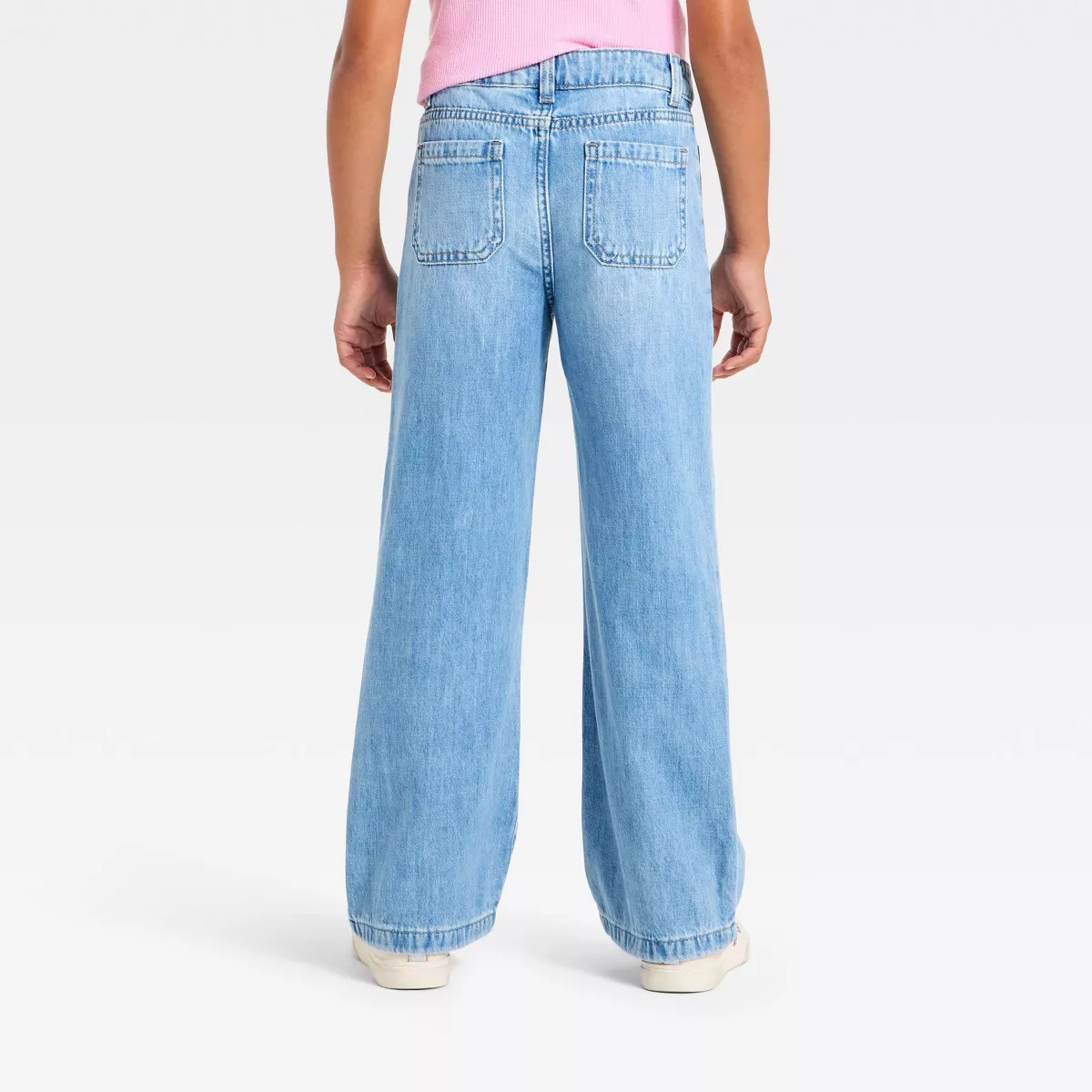 Girls' Mid-Rise Patch Pocket Wide Leg Jeans - Cat & Jack™ Medium Wash 5 | Target