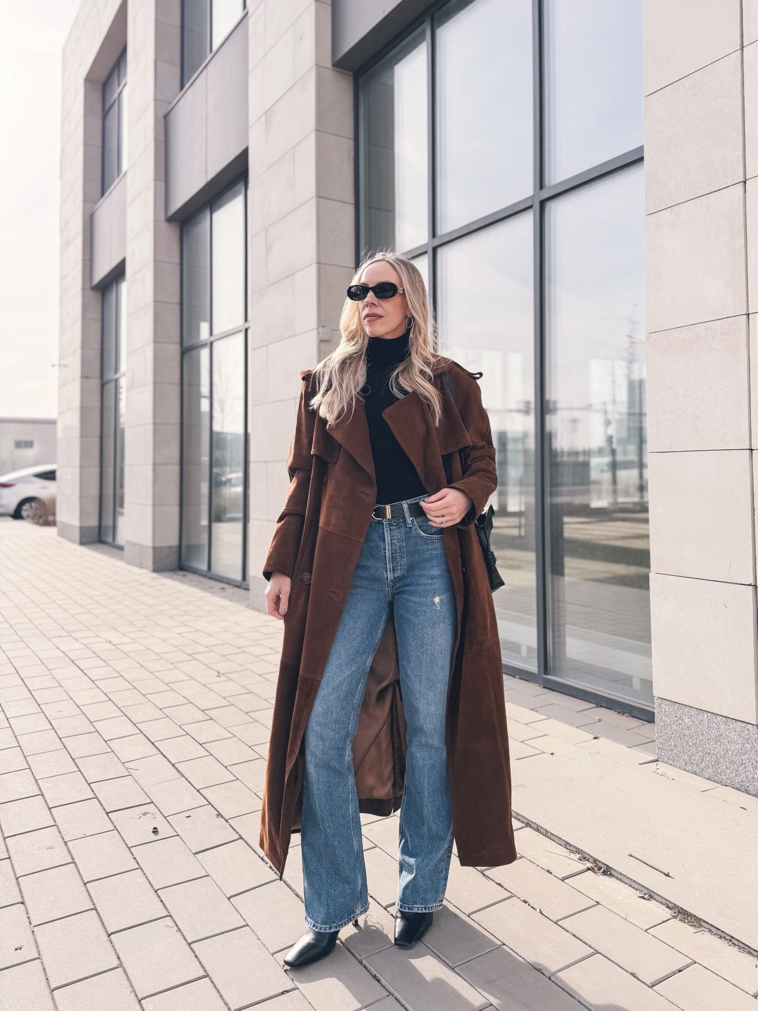 Spring outfit, suede trench coat, bootcut jeans, minimal style 

#LTKOver40 #LTKSaleAlert #LTKSeasonal