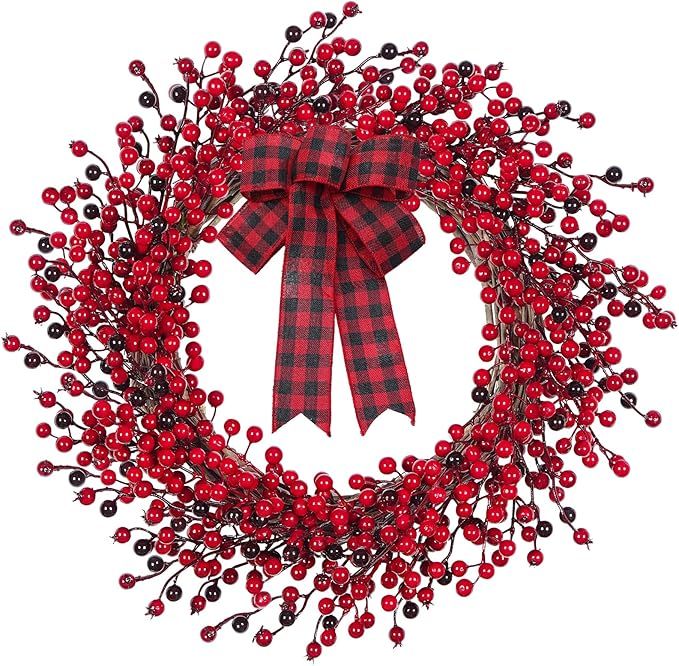 Houele 18Inch Artificial Christmas Wreath for Front Door Red Berry Wreath with Bowknot Winter Hol... | Amazon (US)