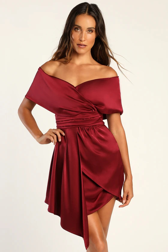 Always Celebrating Burgundy Satin Off-the-Shoulder Mini Dress | Lulus (US)