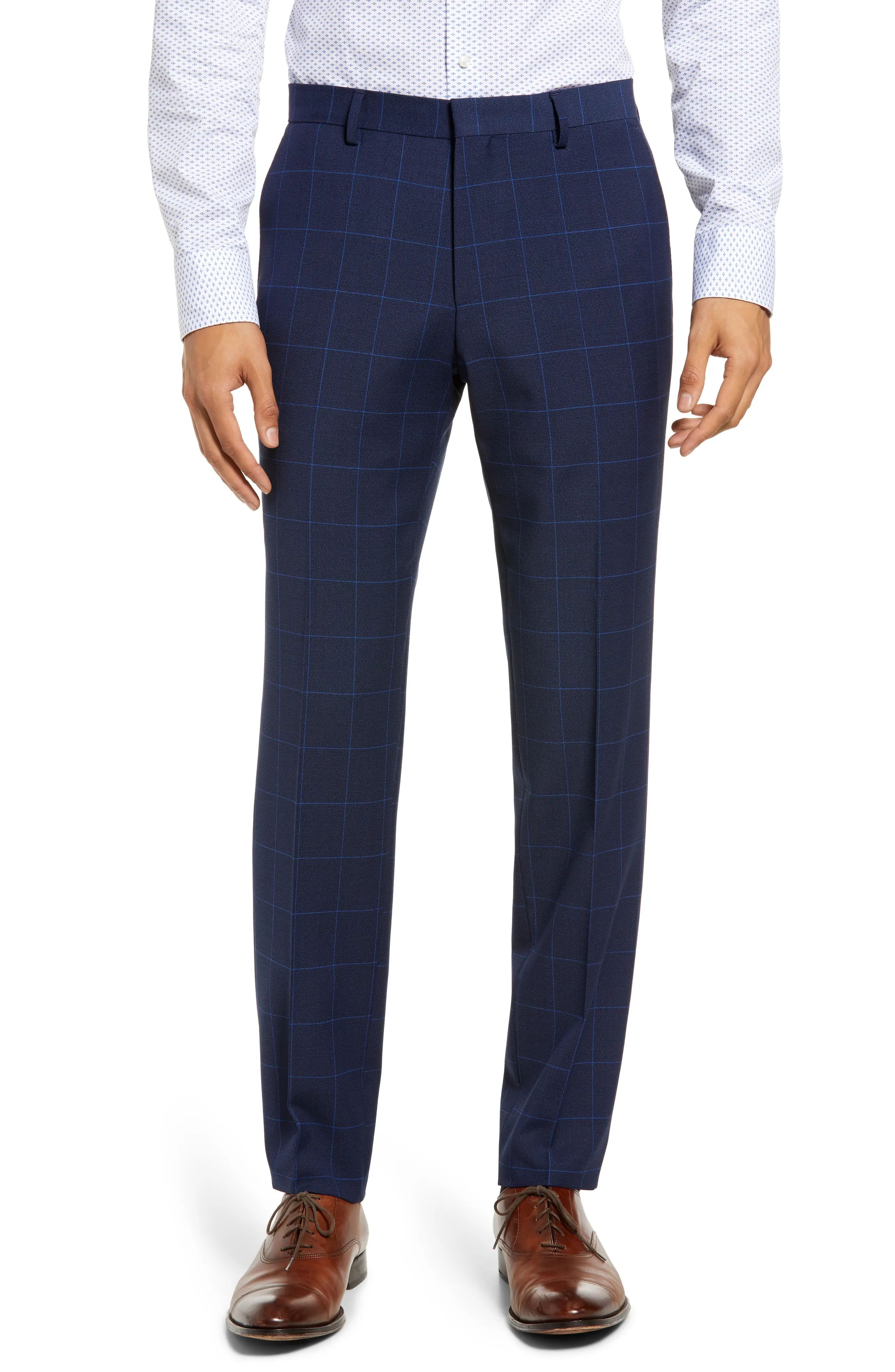 BOSS Genius Flat Front Windowpane Stretch Dress Pants, Size 34 in Medium Blue at Nordstrom | Nordstrom