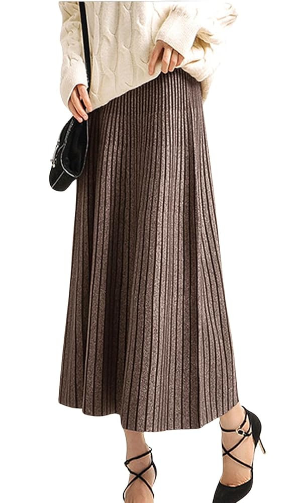 CHARTOU Women's Winter Reversible Stretchy Waist Knitted A Line Pleated Midi Skirt | Amazon (US)