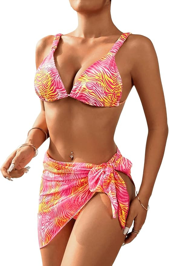 MakeMeChic Women's Zebra Striped 3 Piece Bikini Set Tie Back High Cut Swimsuit with Wrap Knot Cov... | Amazon (US)