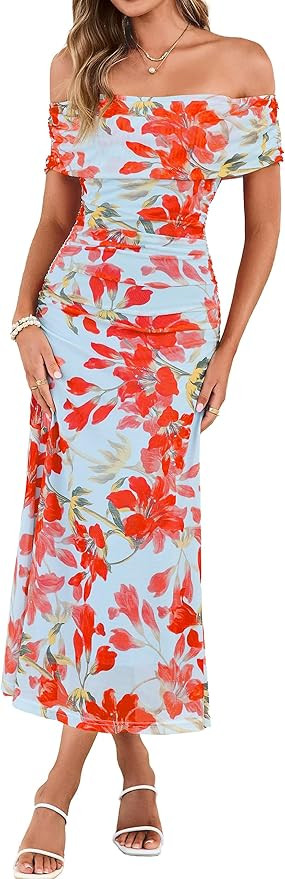 Simplee Womens Summer Floral Off Shoulder Maxi Dress 2026 Spring Ruched Bodycon Formal Wedding Gu... | Amazon (US)
