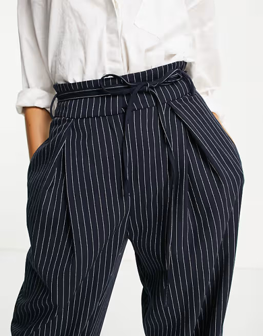 River Island stripe wide leg tie side trouser in navy | ASOS (Global)