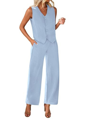 KIRUNDO Two Piece Outfits for Women Summer Sets 2026 Trendy Button Crop Vest Wide Leg Pantsuit Matching Set Spring Fashion Clothes(Sky Blue, Small) | Amazon (US)