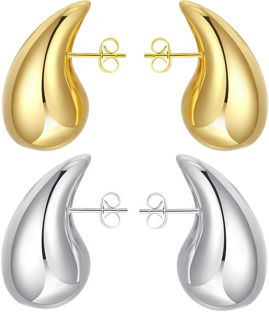 Chunky Gold Hoop Earrings for Women, Lightweight Waterdrop Hollow Open Hoops Tear Drop Silver Gol... | Amazon (US)