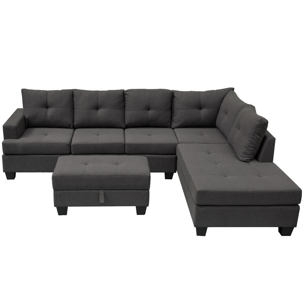 Boyel Living L-Shape Sofa 3 Piece Dark Grey Polyester Right Facing Sectionals with Storage Ottoman,C | The Home Depot