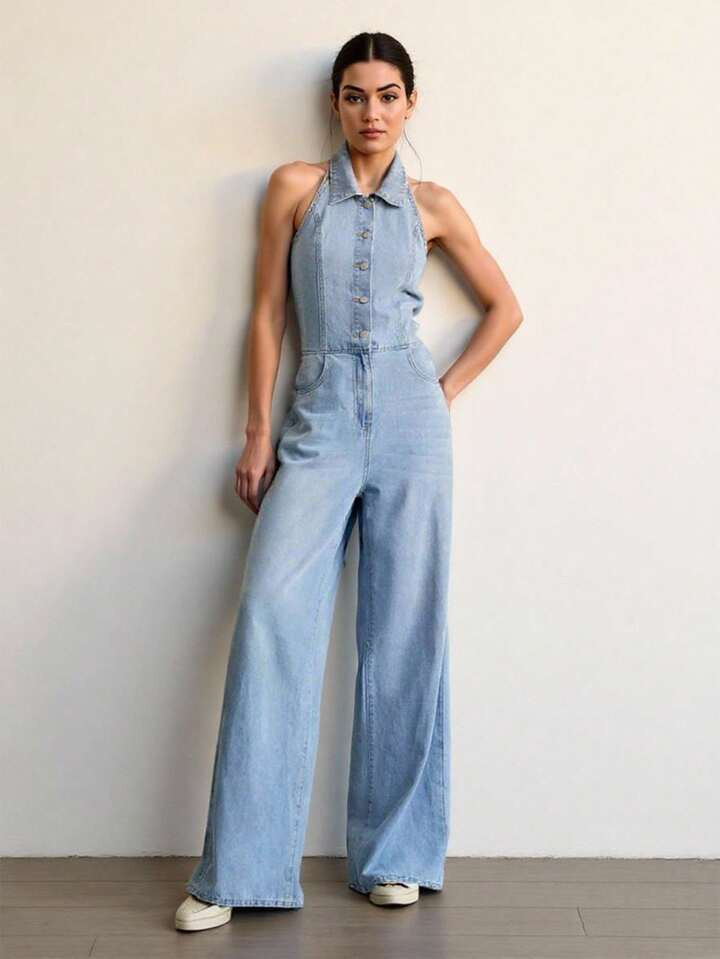 SHEIN Tall Women's Basic Fashionable Backless Button Denim Jumpsuit Back To School Modest Busines... | SHEIN