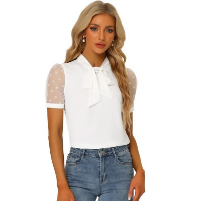 INSPIRE CHIC Women's Bow Tie V Neck Stand Collar Short Mesh Sleeve Blouse Small White | Target