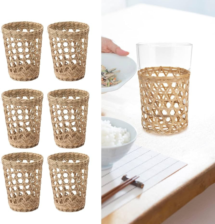 6Pcs Woven Cup Sleeve, Woven Straw Cup Holders Woven Glass Vase Sleeve Anti Scald Hollow Straw Wo... | Amazon (US)