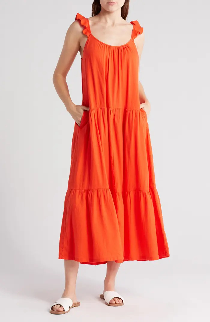 Flutter Sleeve Tiered Linen Blend Midi Dress | Nordstrom Rack