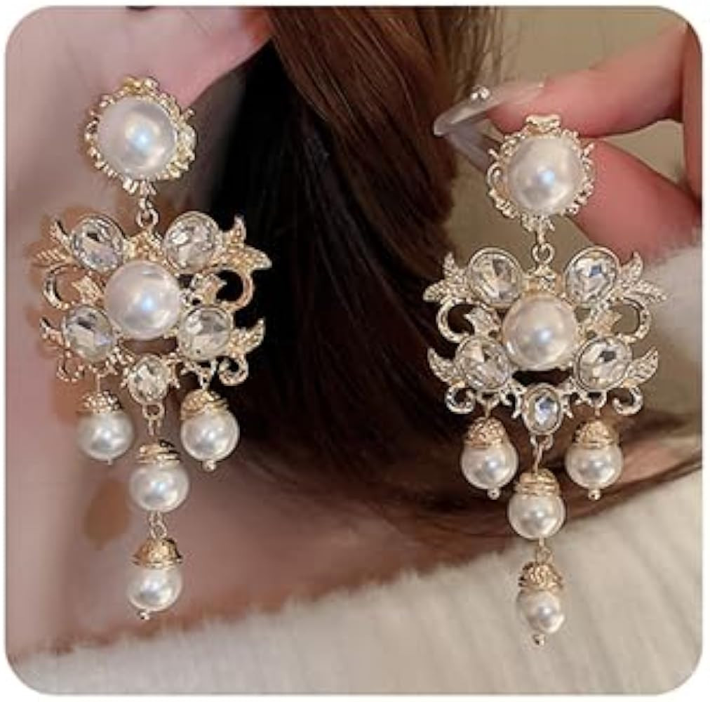 Jumwrit Wedding Bridal Rhinestone Cluster Chandelier Earrings Long Pearl Beaded Tassel Drop Dangl... | Amazon (US)