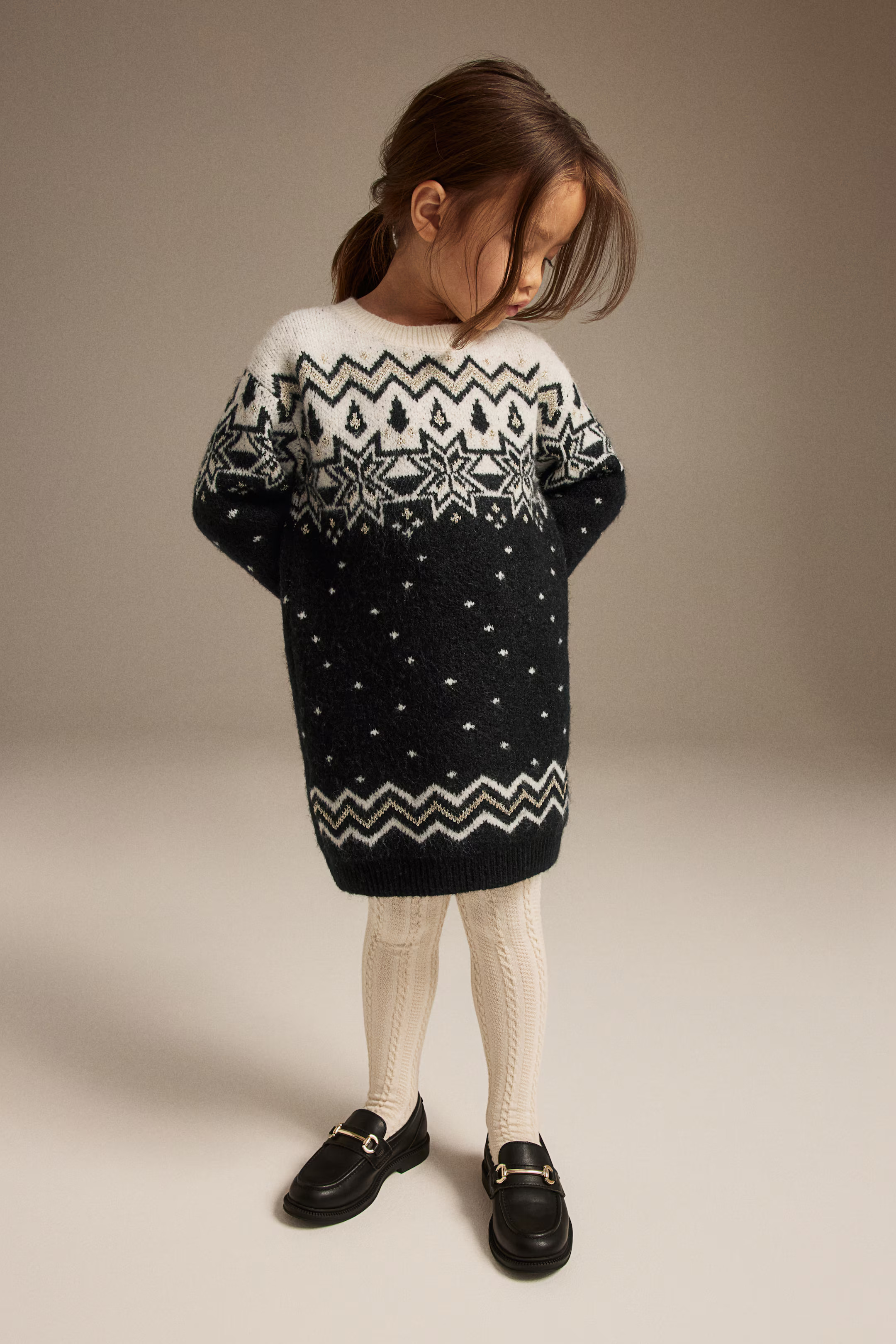 Knit Dress - Round Neck - Long sleeve - Dark gray/patterned - Kids | H&M US | H&M (US + CA)