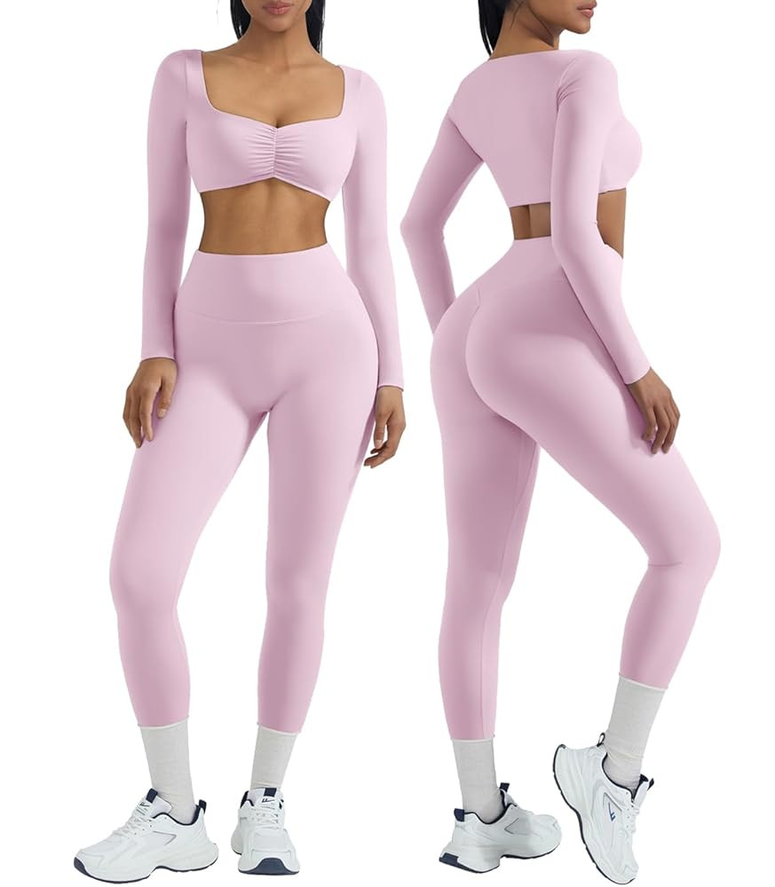 OMKAGI 2 Piece Workout Sets for Women Long Sleeve Padded Sports Bra High Waisted Gym Outfits with... | Amazon (US)