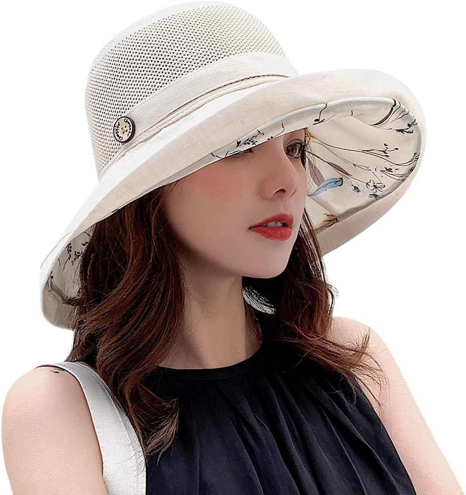 Women Mesh Sun Hats Summer Beach UV Protection UPF Packable Wide Brim Chin Strap | Amazon (US)