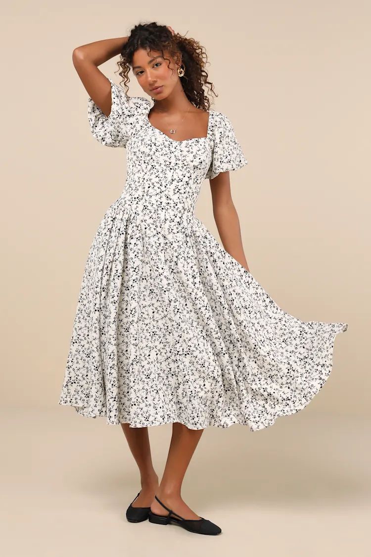 Sincerely Captivating Ivory Floral Puff Sleeve Midi Dress | Lulus